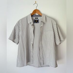 white and grey gingham button down